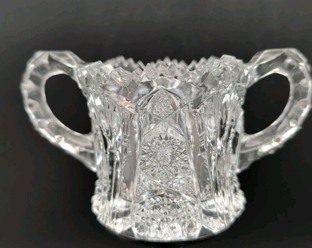 Antique Imperial Glass NuCut 212 Open Sugar Bowl Double Handle Sawtooth EAPG